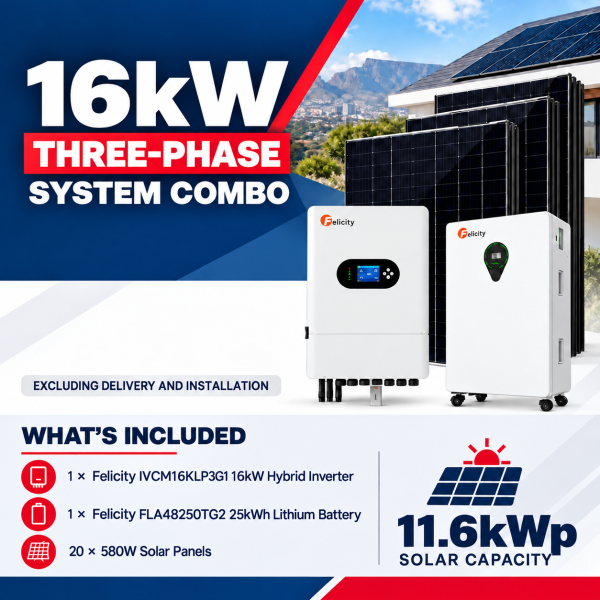 Felicity 16kW Three-Phase Hybrid Solar System with 25kWh Battery and 11.6kWp Solar Array