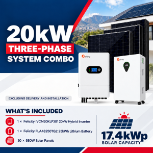 Felicity 20kW Three-Phase Hybrid Solar System with 25kWh Battery and 17.4kWp Solar Array