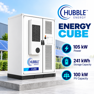 Hubble Energy Cube cabinet with 105 kW power, 241 kWh battery storage and 100 kW PV capacity