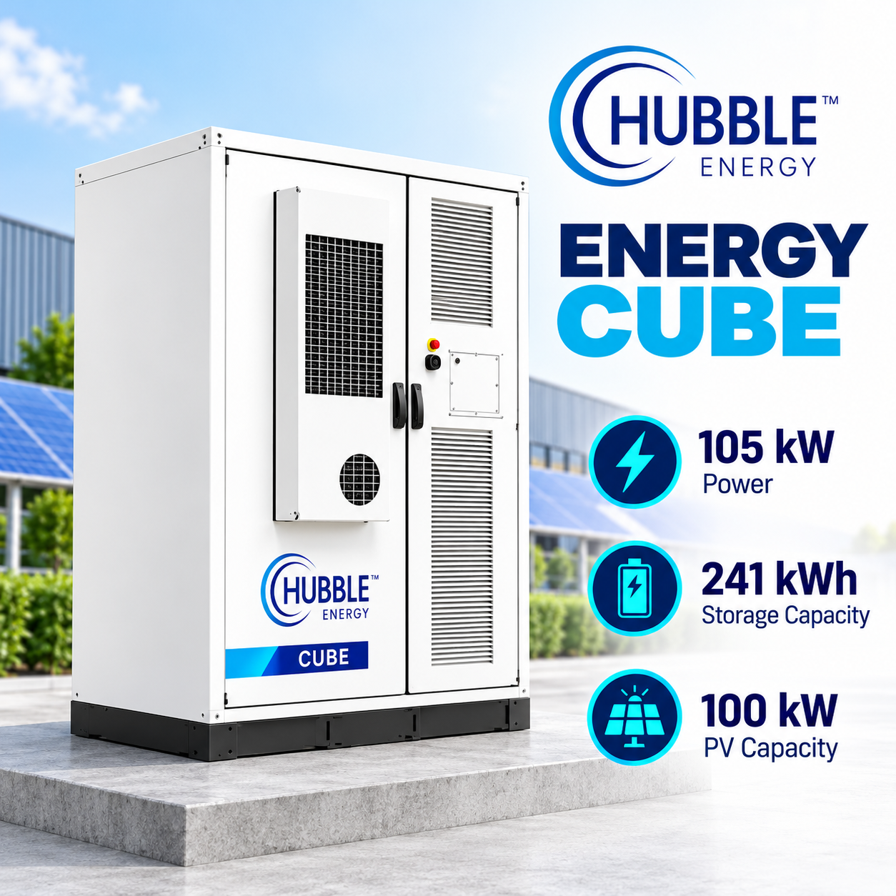 Hubble Energy Cube cabinet with 105 kW power, 241 kWh battery storage and 100 kW PV capacity