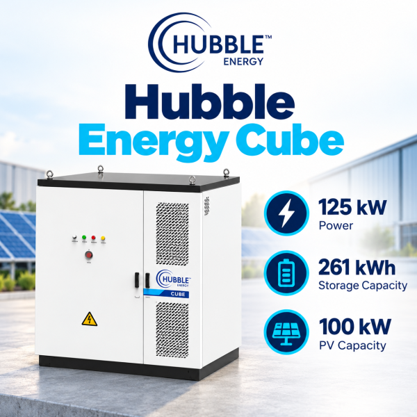Hubble Energy Cube cabinet with 125 kW power, 261 kWh battery storage and 100 kW PV capacity