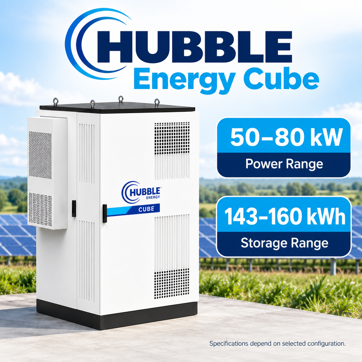 Hubble Energy Cube cabinet representing the 50–80 kW power and 143–160 kWh battery storage range