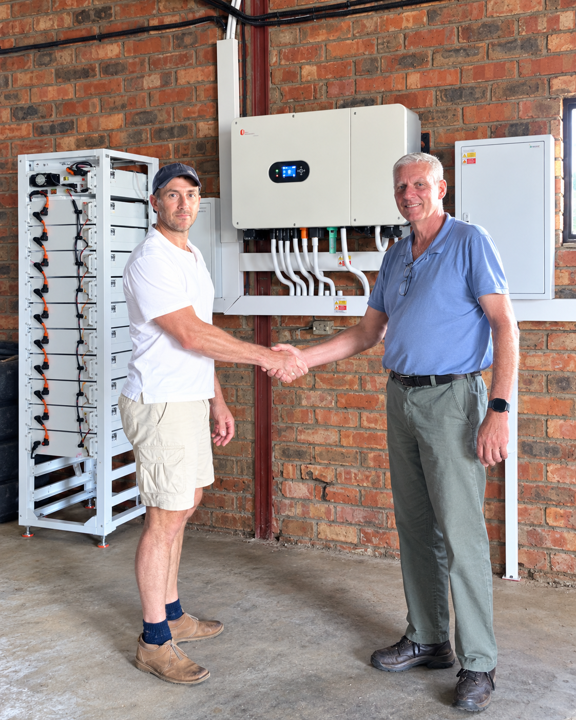 Installer shaking hands with the customer beside an inverter and battery rack after completing a solar project