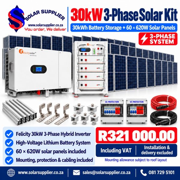 30kW 3-Phase Solar Kit – 30kWh Lithium Battery Storage & 60 × 620W Solar Panels