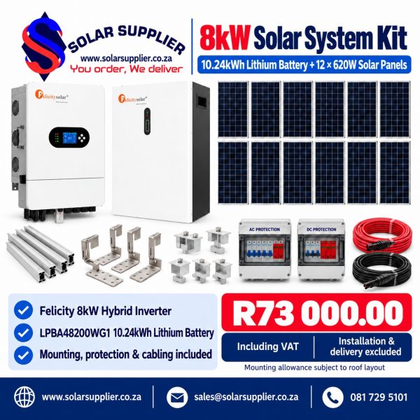 8kW Solar System Kit – 10.24kWh Lithium Battery & 12 × 620W Solar Panels