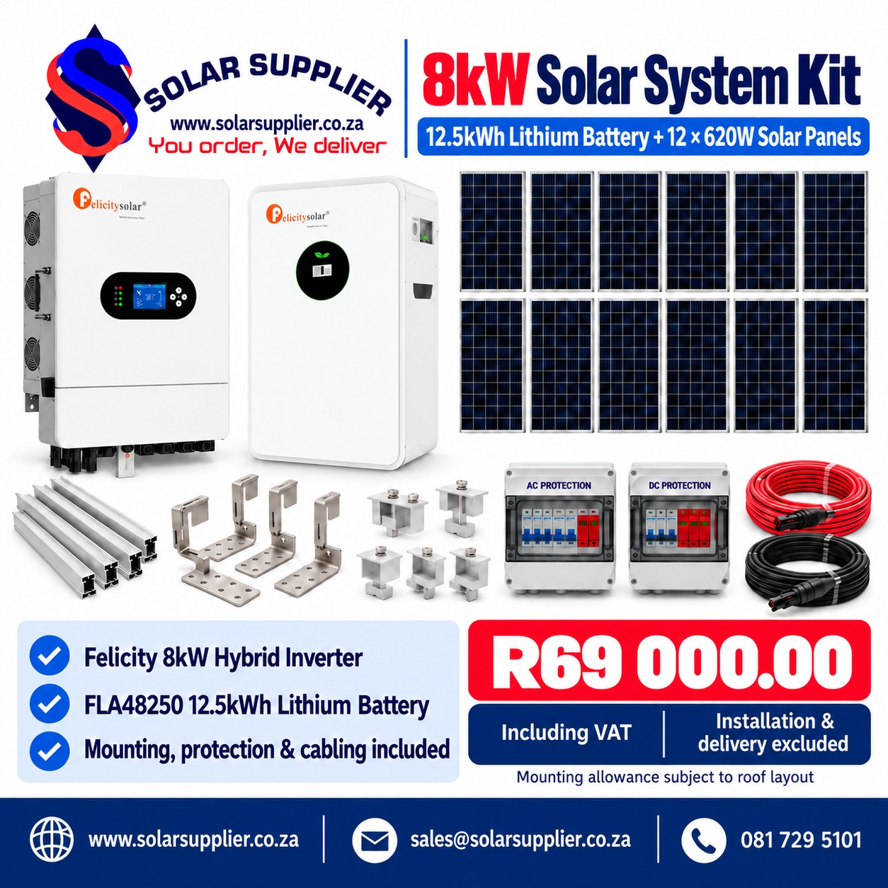 8kW Solar System Kit – 12.5kWh Lithium Battery & 12 × 620W Solar Panels