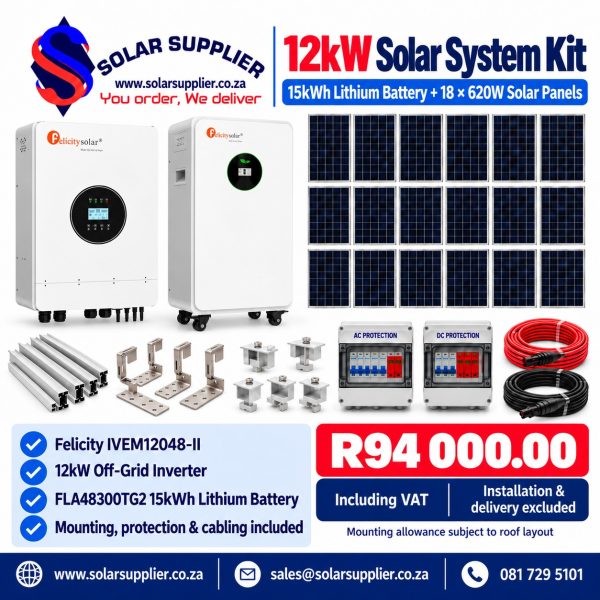 12kW Solar System Kit – 15kWh Lithium Battery & 18 × 620W Solar Panels