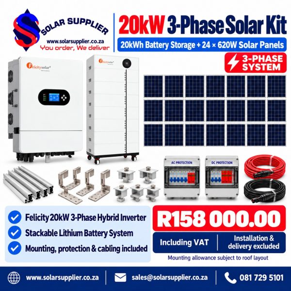 20kW 3-Phase Solar Kit – 20kWh Battery Storage & 24 × 620W Solar Panels