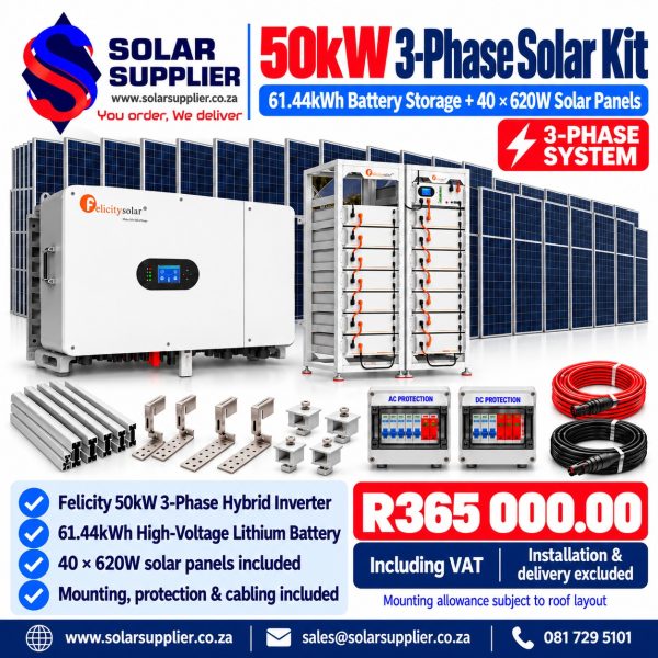 50kW 3-Phase Solar Kit – 61.44kWh Battery Storage & 40 × 620W Solar Panels